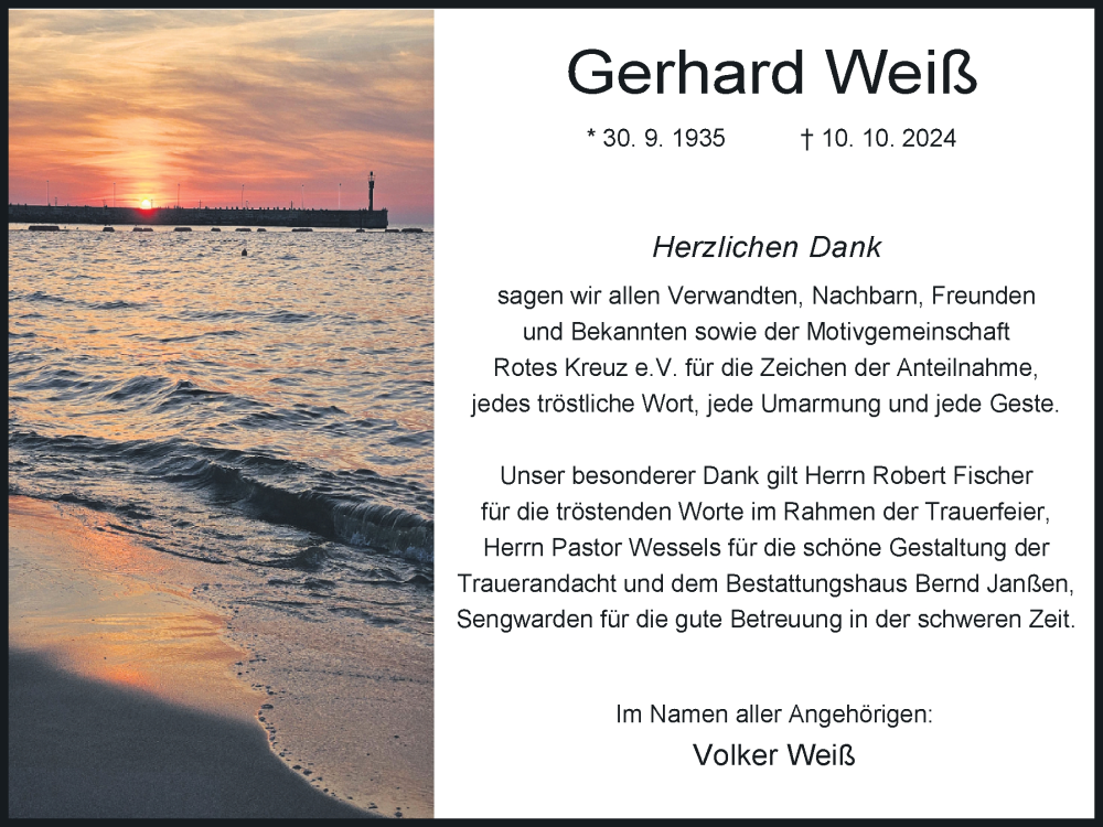  Traueranzeige für Gerhard Weiß vom 23.11.2024 aus WZ/JW/AH