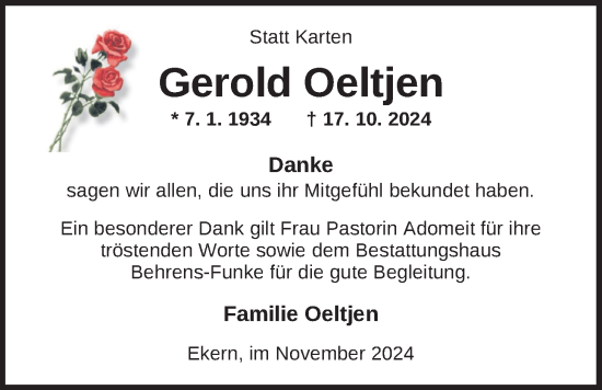 Traueranzeige von Gerold Oeltjen von Nordwest-Zeitung