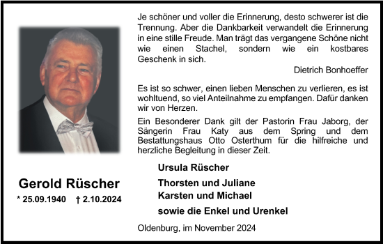 Traueranzeige von Gerold Rüscher von Nordwest-Zeitung