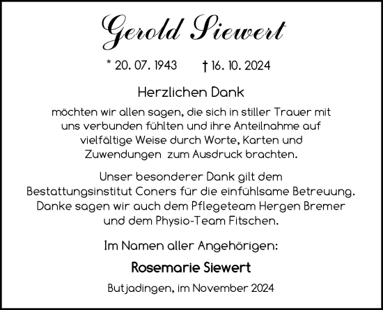 Traueranzeige von Gerold Siewert von Nordwest-Zeitung