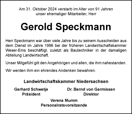 Traueranzeige von Gerold Speckmann von Nordwest-Zeitung