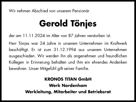 Traueranzeige von Gerold Tönjes von Nordwest-Zeitung