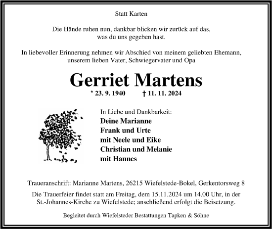 Traueranzeige von Gerriet Martens von Nordwest-Zeitung