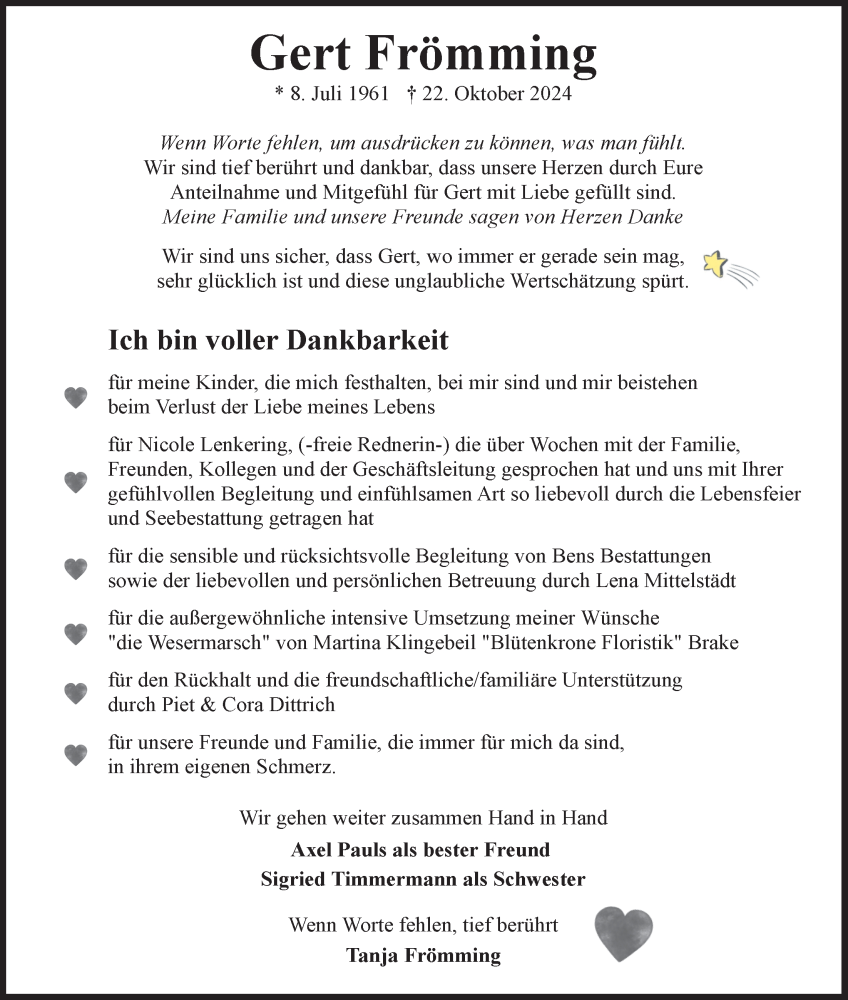  Traueranzeige für Gert Frömming vom 26.11.2024 aus Nordwest-Zeitung