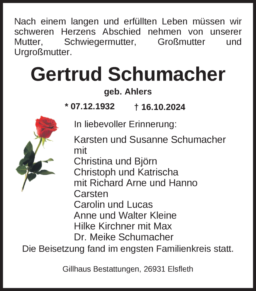  Traueranzeige für Gertrud Schumacher vom 02.11.2024 aus Nordwest-Zeitung