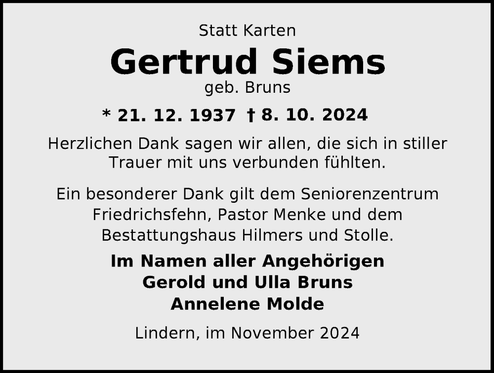  Traueranzeige für Gertrud Siems vom 22.11.2024 aus Nordwest-Zeitung