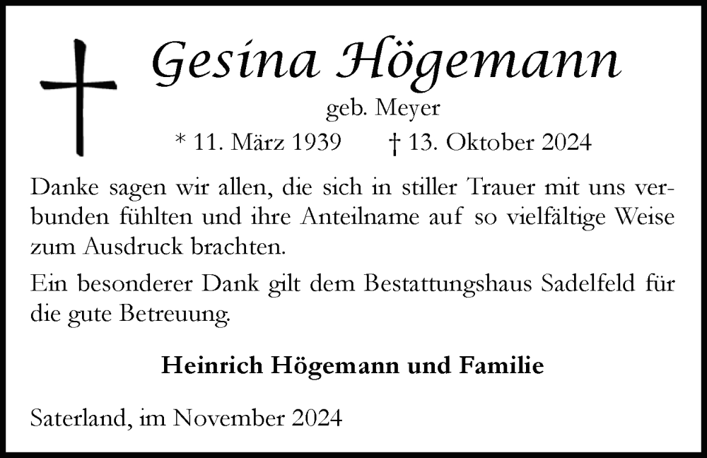  Traueranzeige für Gesina Högemann vom 23.11.2024 aus Nordwest-Zeitung