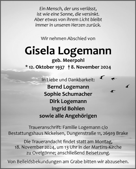 Traueranzeige von Gisela Logemann von Nordwest-Zeitung