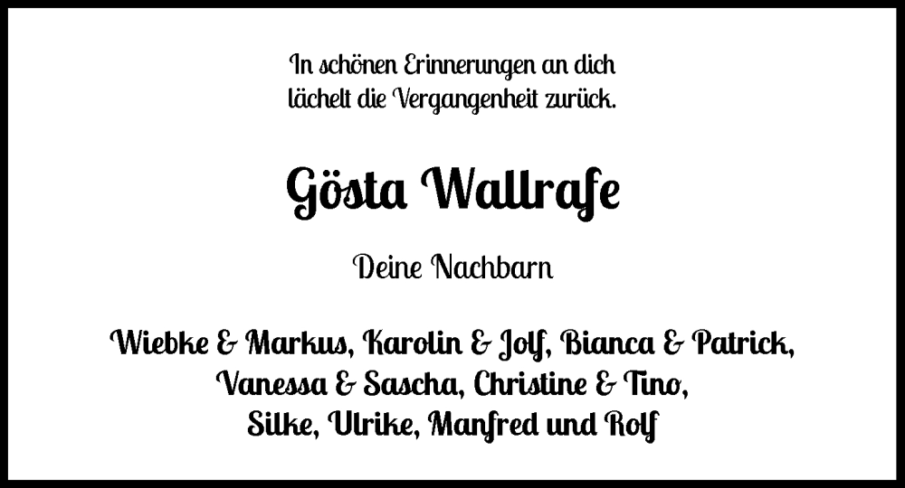  Traueranzeige für Gösta Wallrafe vom 09.11.2024 aus Nordwest-Zeitung