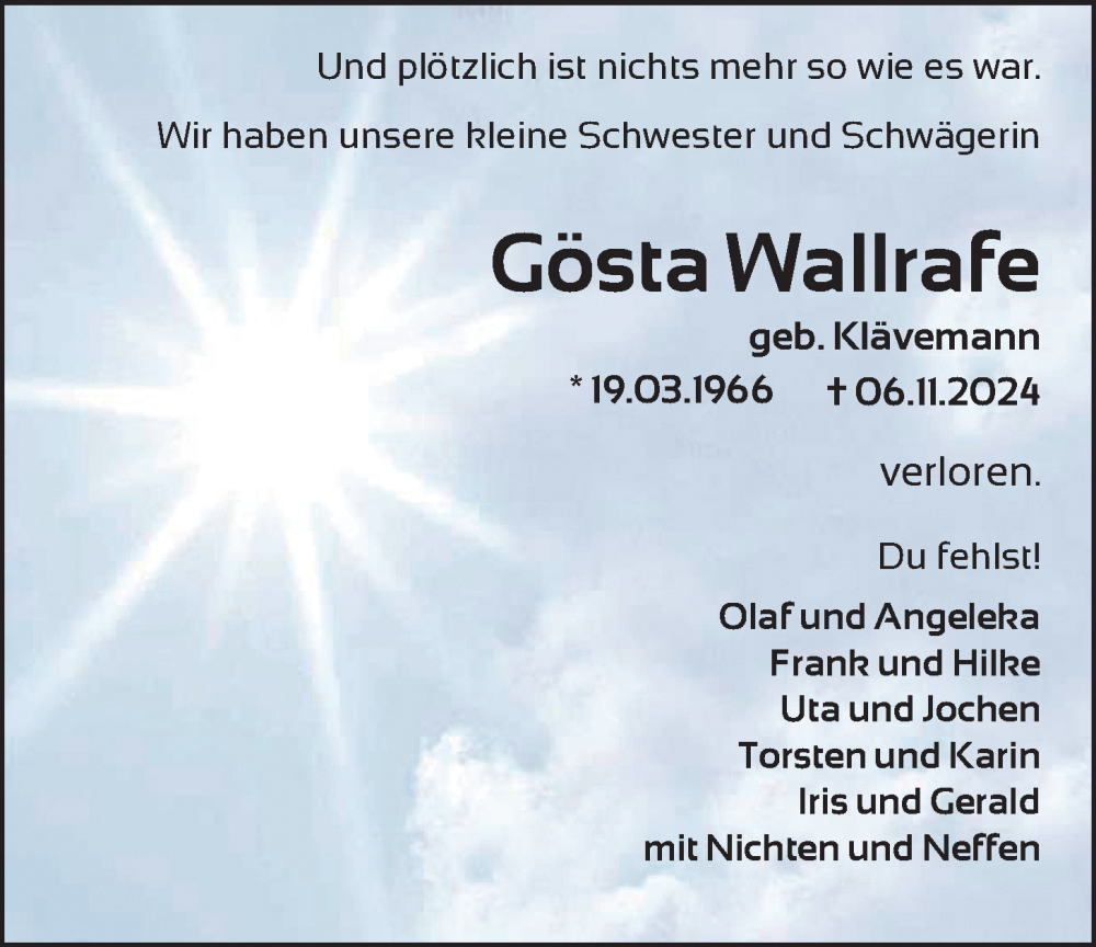  Traueranzeige für Gösta Wallrafe vom 09.11.2024 aus Nordwest-Zeitung