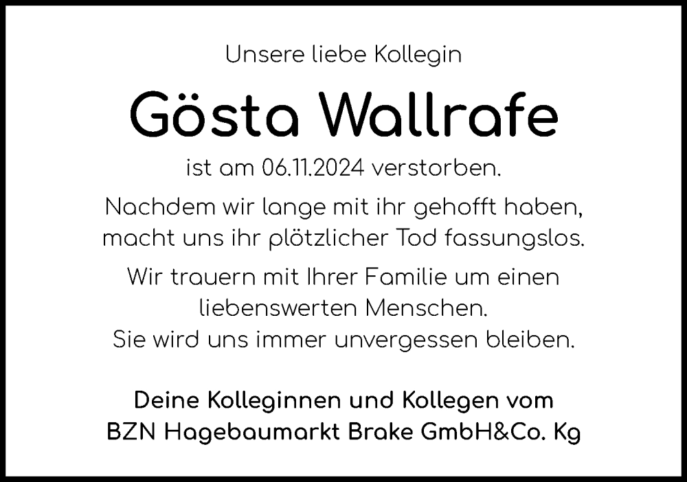  Traueranzeige für Gösta Wallrafe vom 12.11.2024 aus Nordwest-Zeitung