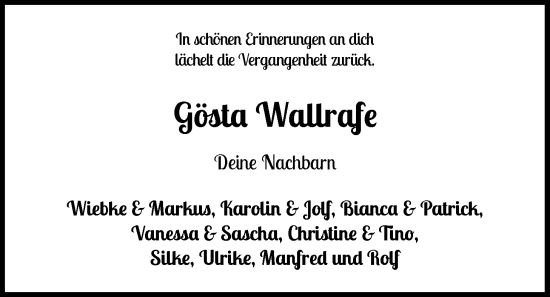 Traueranzeige von Gösta Wallrafe von Nordwest-Zeitung