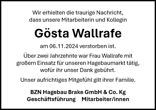 Traueranzeige von Gösta Wallrafe von Nordwest-Zeitung