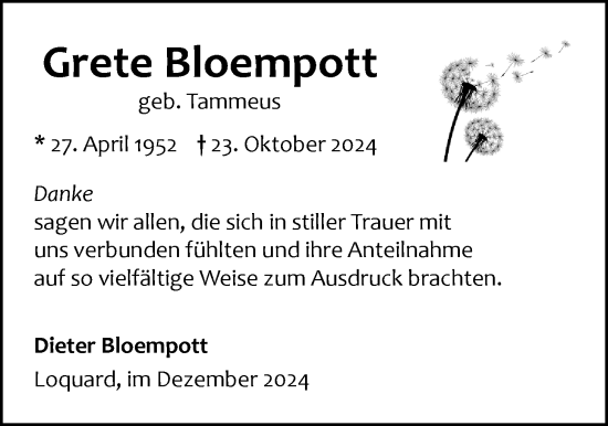 Traueranzeige von Grete Bloempott von Emder Zeitung