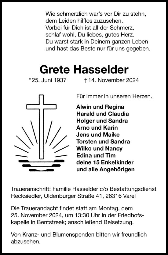 Traueranzeige von Grete Hasselder von Nordwest-Zeitung