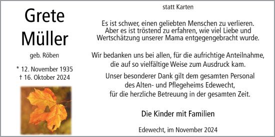 Traueranzeige von Grete Müller von Nordwest-Zeitung
