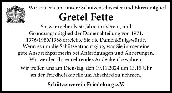 Traueranzeige von Gretel Fette von WZ/JW/AH