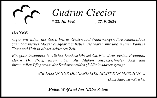 Traueranzeige von Gudrun Ciecior von WZ/JW/AH