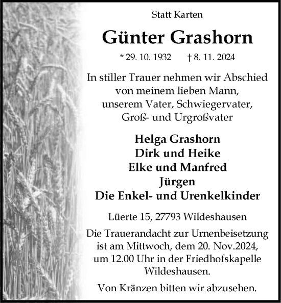 Traueranzeige von Günter Grashorn von Nordwest-Zeitung