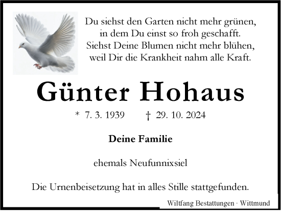 Traueranzeige von Günter Hohaus von WZ/JW/AH