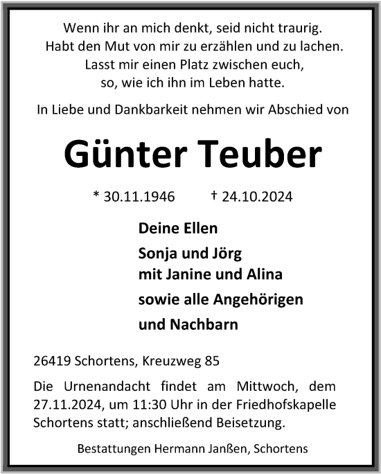 Traueranzeige von Günter Teuber von WZ/JW/AH