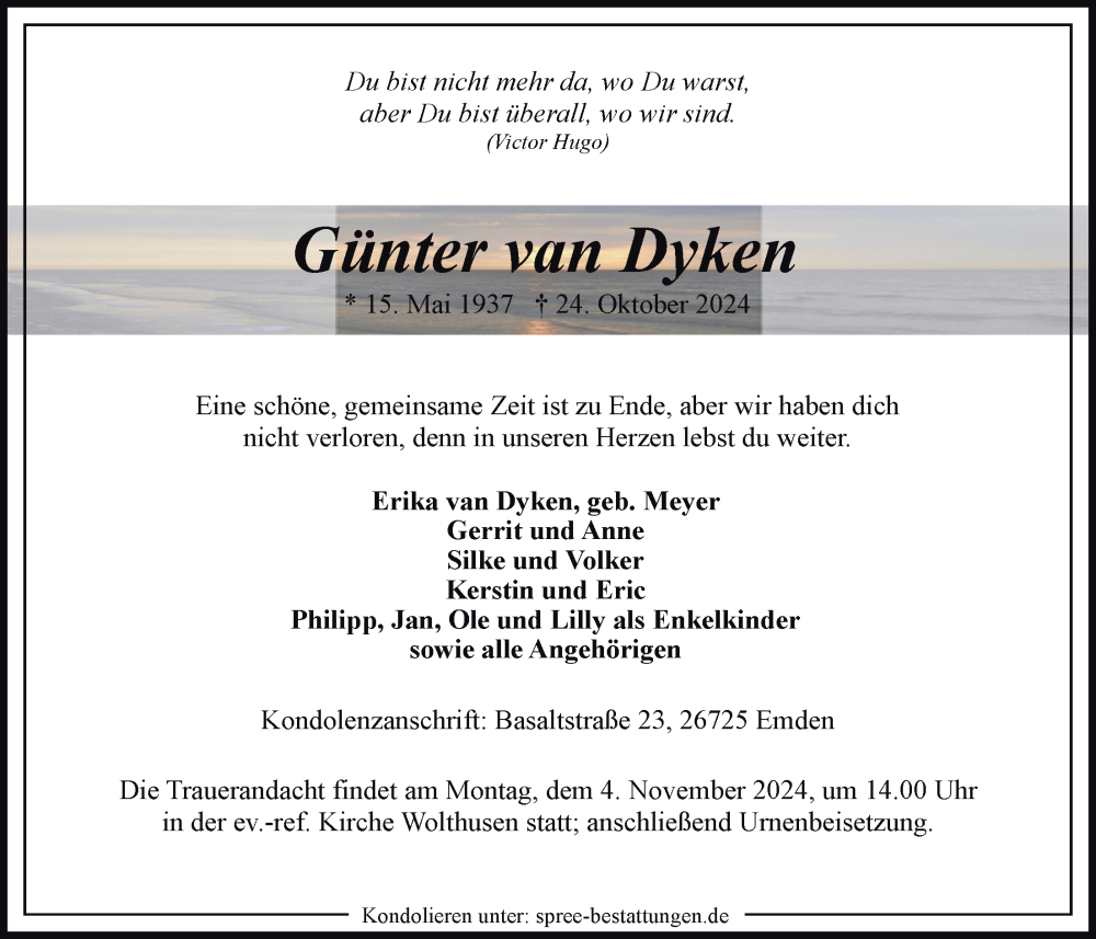  Traueranzeige für Günter van Dyken vom 02.11.2024 aus Emder Zeitung