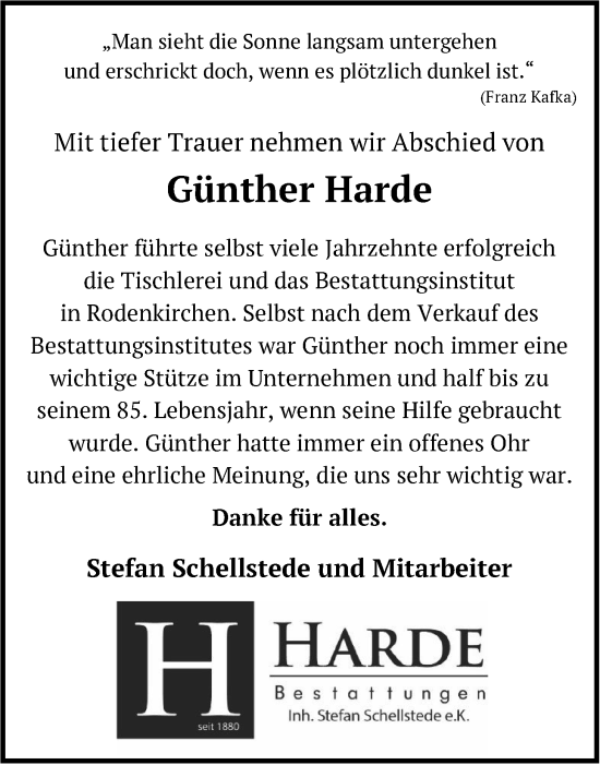 Traueranzeige von Günther Harde von Nordwest-Zeitung