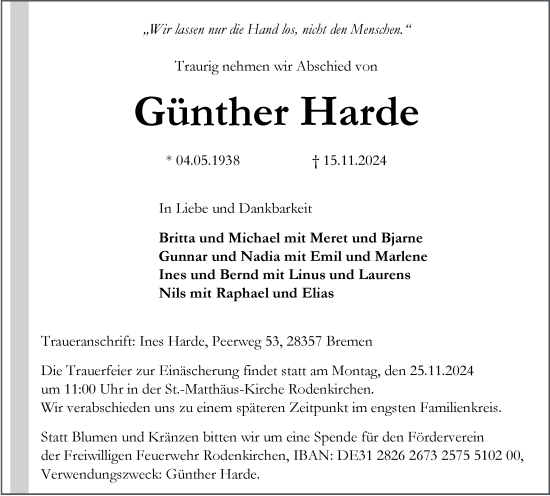 Traueranzeige von Günther Harde von Nordwest-Zeitung