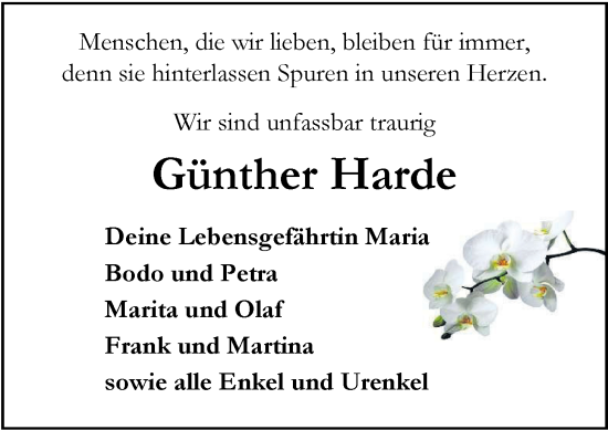 Traueranzeige von Günther Harde von Nordwest-Zeitung