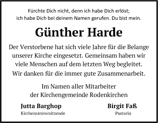 Traueranzeige von Günther Harde von Nordwest-Zeitung