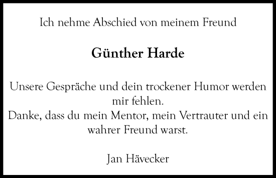 Traueranzeige von Günther Harde von Nordwest-Zeitung