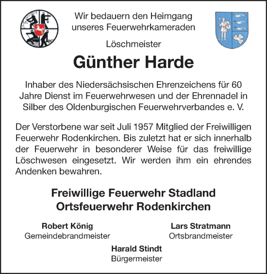 Traueranzeige von Günther Harde von Nordwest-Zeitung