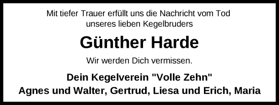 Traueranzeige von Günther Harde Harde von Nordwest-Zeitung