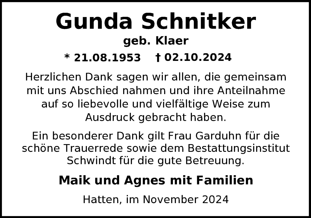  Traueranzeige für Gunda Schnitker vom 23.11.2024 aus Nordwest-Zeitung