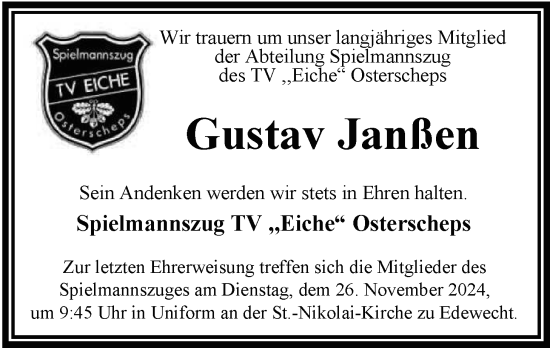 Traueranzeige von Gustav Janßen von Nordwest-Zeitung