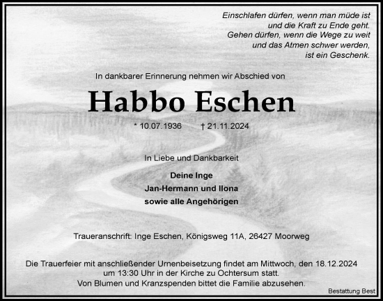 Traueranzeige von Habbo Eschen von WZ/JW/AH