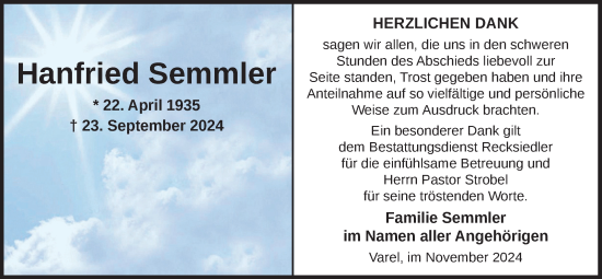 Traueranzeige von Hanfried Semmler von Nordwest-Zeitung