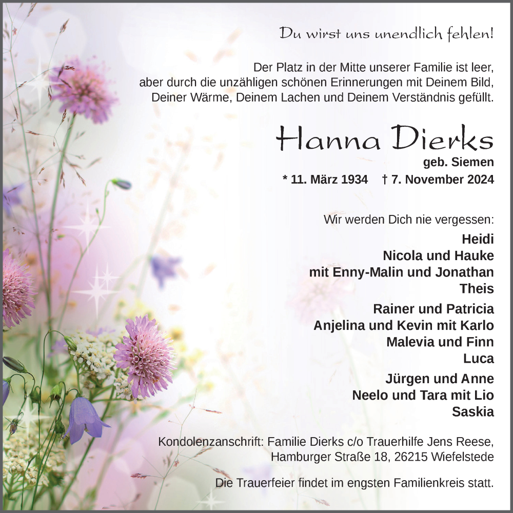  Traueranzeige für Hanna Dierks vom 12.11.2024 aus Nordwest-Zeitung