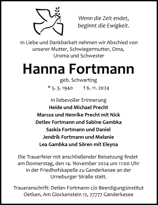 Traueranzeige von Hanna Fortmann von Nordwest-Zeitung
