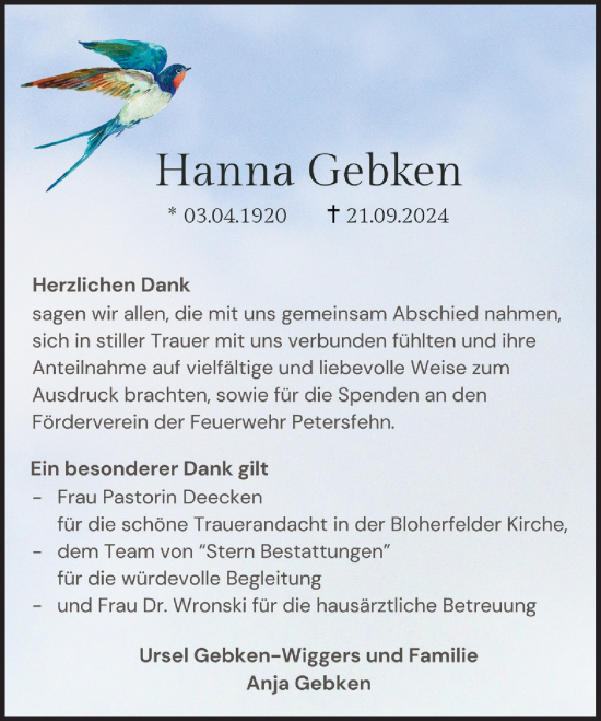 Traueranzeige von Hanna Gebken von Nordwest-Zeitung