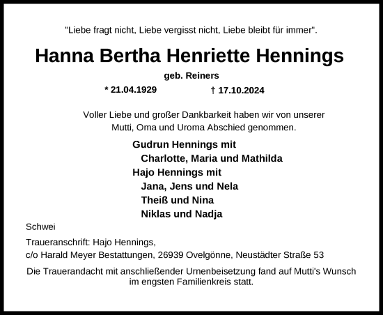 Traueranzeige von Hanna Bertha Henriette Hennings von Nordwest-Zeitung