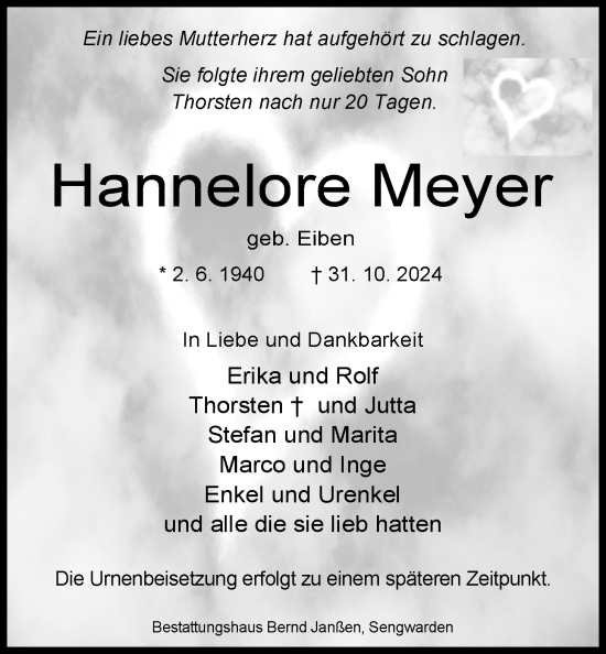 Traueranzeige von Hannelore Meyer von WZ/JW/AH