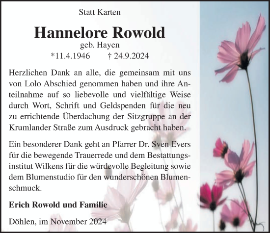 Traueranzeige von Hannelore Rowold von Nordwest-Zeitung