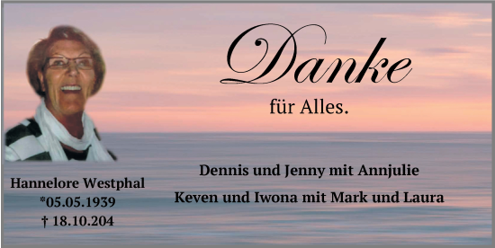 Traueranzeige von Hannelore Westphal von Nordwest-Zeitung