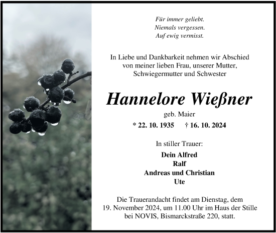 Traueranzeige von Hannelore Wießner von WZ/JW/AH
