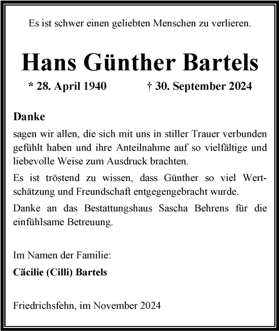 Traueranzeige von Hans  Bartels von Nordwest-Zeitung