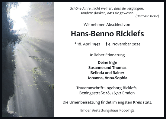 Traueranzeige von Hans-Benno Ricklefs von Emder Zeitung