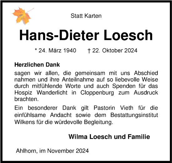 Traueranzeige von Hans-Dieter Loesch von Nordwest-Zeitung