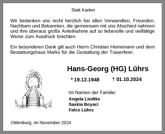 Traueranzeige von Hans-Georg Lührs von Nordwest-Zeitung