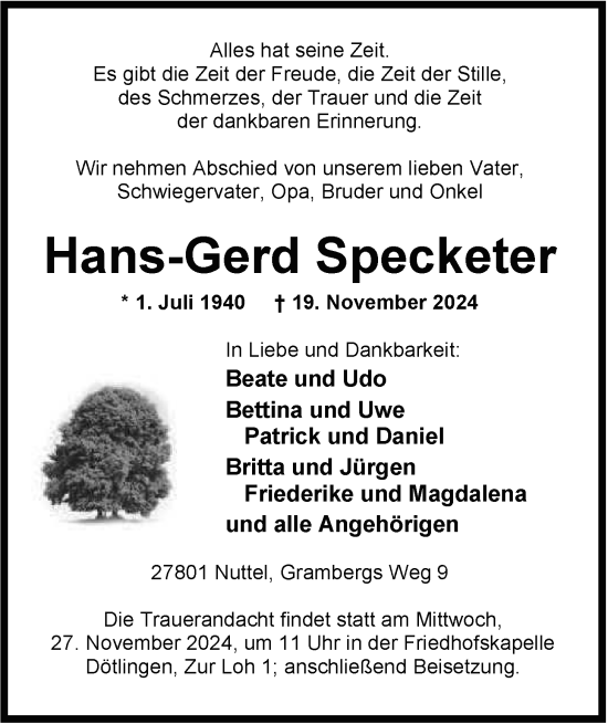 Traueranzeige von Hans-Gerd Specketer von Nordwest-Zeitung